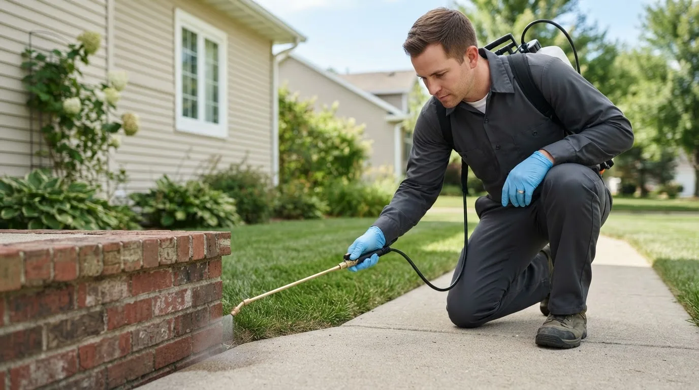 Pest control technician treating a home near North Lewisburg, OH