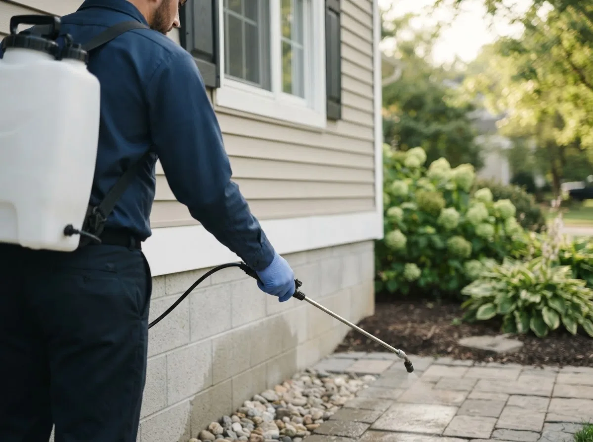 Pest control technician inspecting a home in North Lewisburg, OH